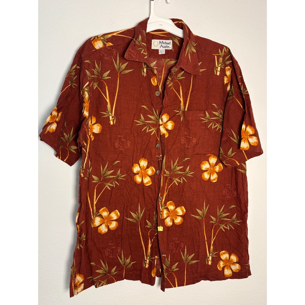Michael Austin Mens XL Rust Red Tropical Bamboo Hibiscus Cotton Button Down